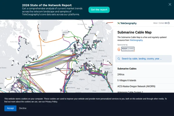 Interaktywna mapa świata pokazująca kolorowe trasy kabli podwodnych łączących kontynenty przez dna oceanów z interfejsem wyszukiwania i listą kabli.