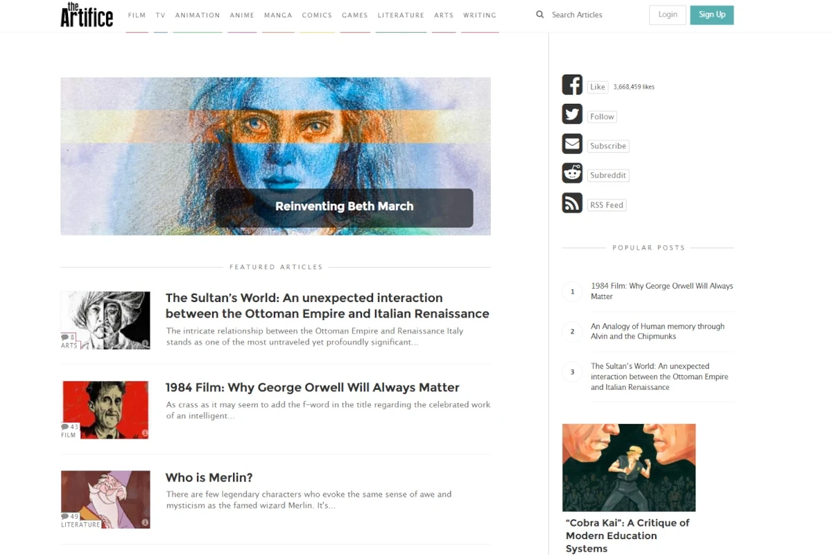 Zrzut ekranu strony The Artifice – magazyn eseistyczny