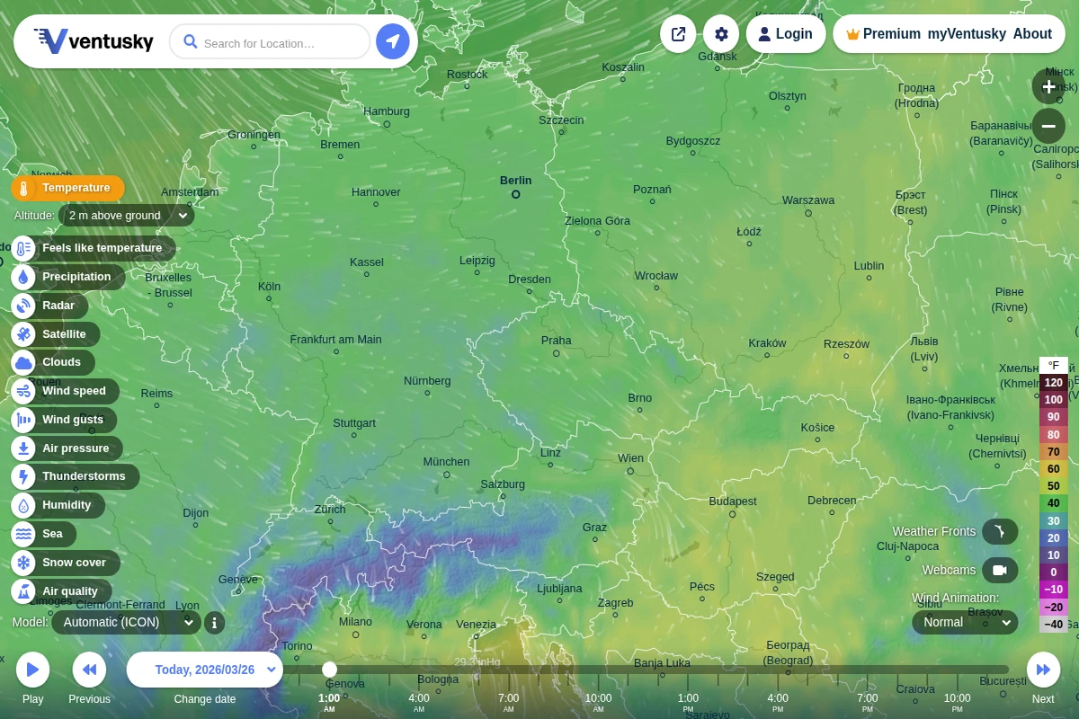Interaktywna mapa pogody pokazująca dane temperaturowe w Europie z płynnymi animacjami wiatrów i kompleksowymy kontrolami meteorologicznymi.