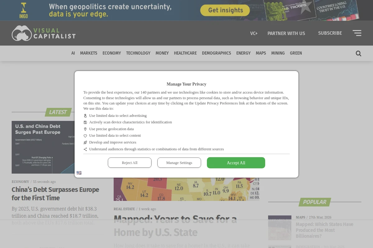 Zrzut ekranu strony głównej Visual Capitalist pokazujący wizualizacje danych o długu Chin, zwolnieniach w technologii oraz różnych rankingach i mapach ekonomicznych.