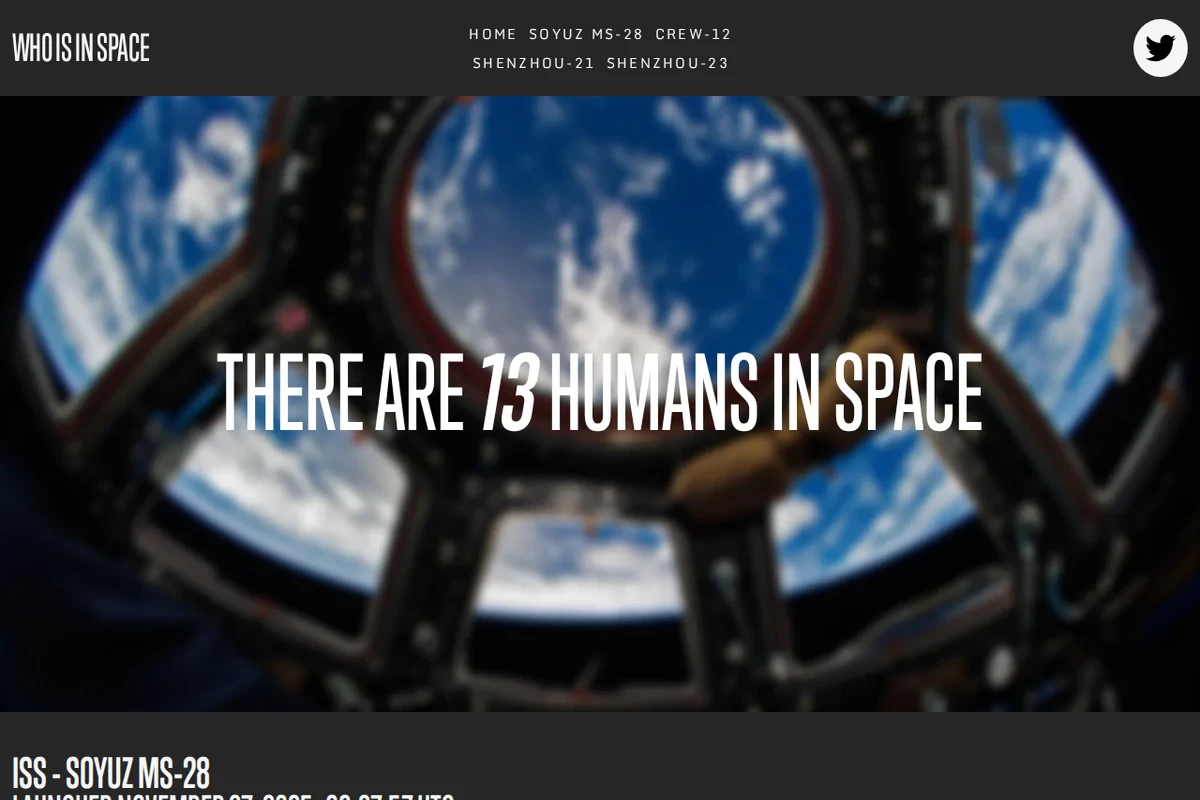 Website showing a space station view with Earth visible through windows and text stating 'There are 13 humans in space'.