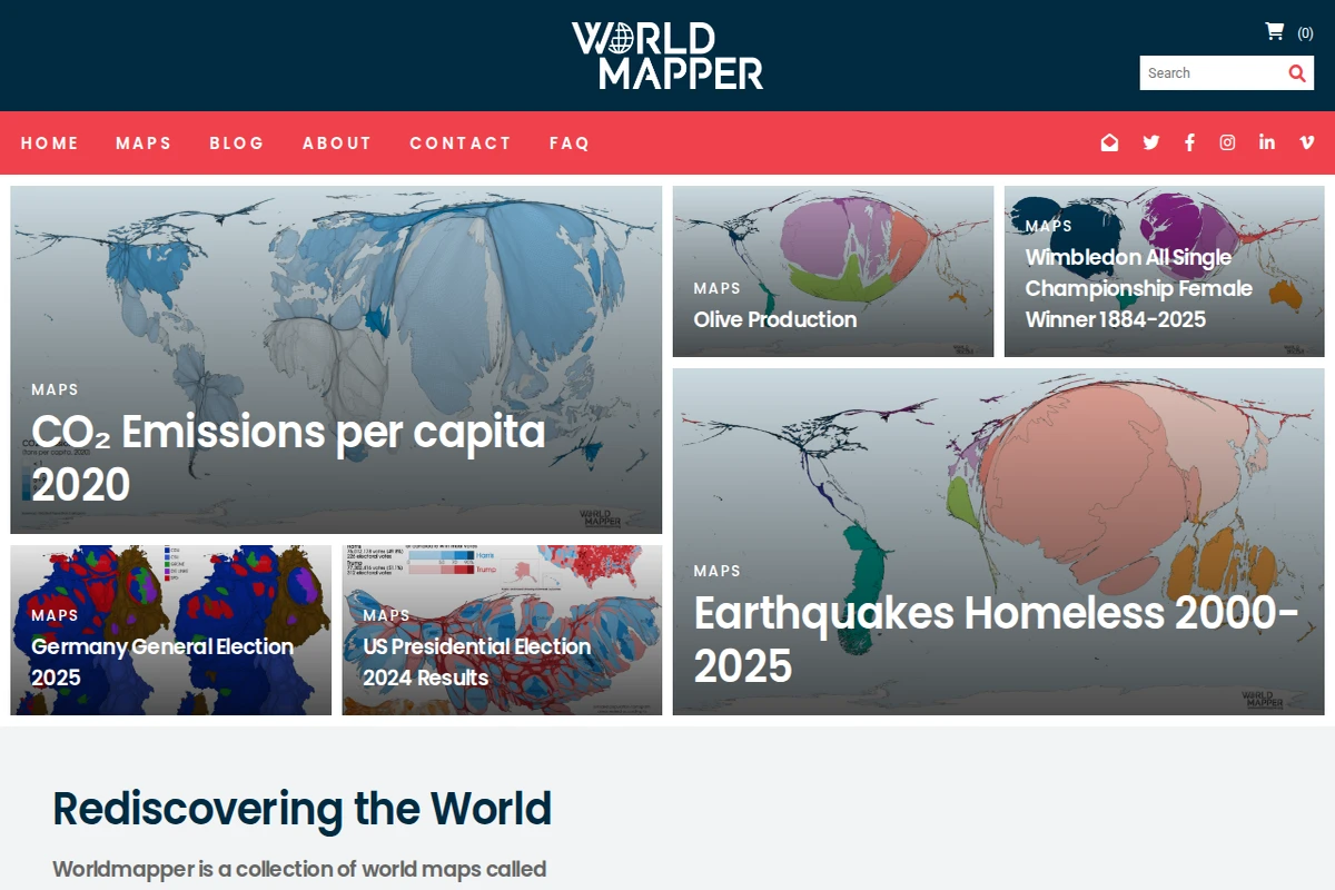 Zrzut ekranu pokazujący różne kartogramy map świata obejmujące emisje CO₂, produkcję oliwek i dane o trzęsieniach ziemi ze zniekształconymi rozmiarami krajów.