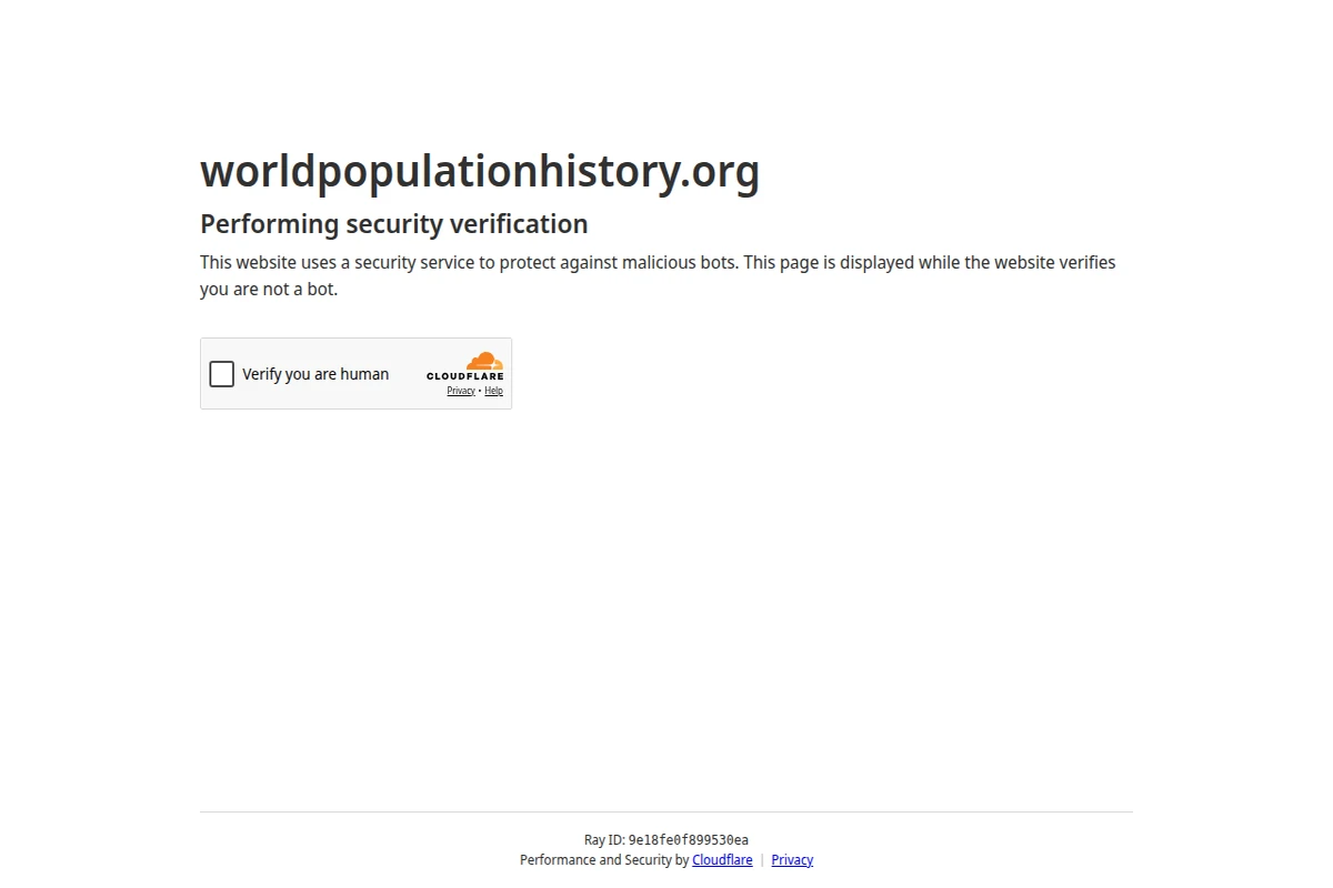 Strona weryfikacji bezpieczeństwa Cloudflare dla worldpopulationhistory.org pokazująca kontrolę ochrony przed botami.