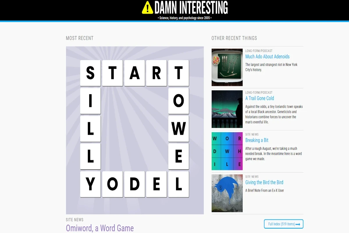 Screenshot of Damn Interesting homepage with featured stories