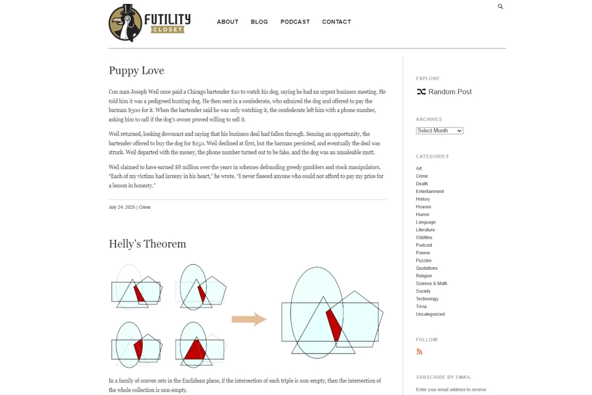Homepage of the Futility Closet blog with posts and puzzles