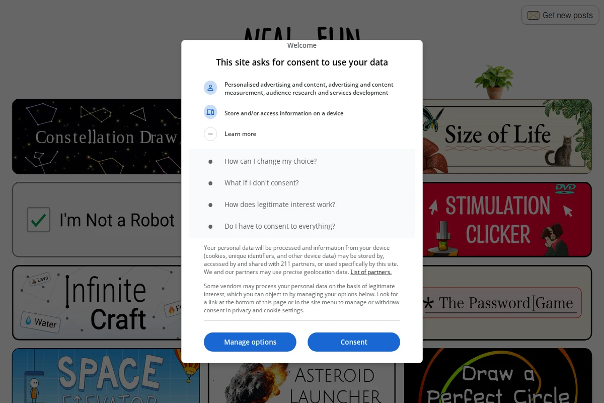 Neal.fun homepage showing various interactive web experiments