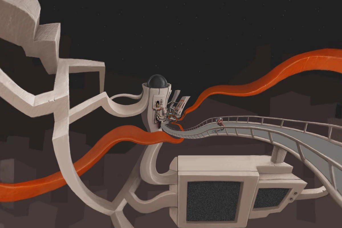 Scena renderowana w 3D pokazująca zakrzywione białe struktury architektoniczne z pomarańczowymi płynącymi elementami na tle ciemnego gwiaździstego nieba.